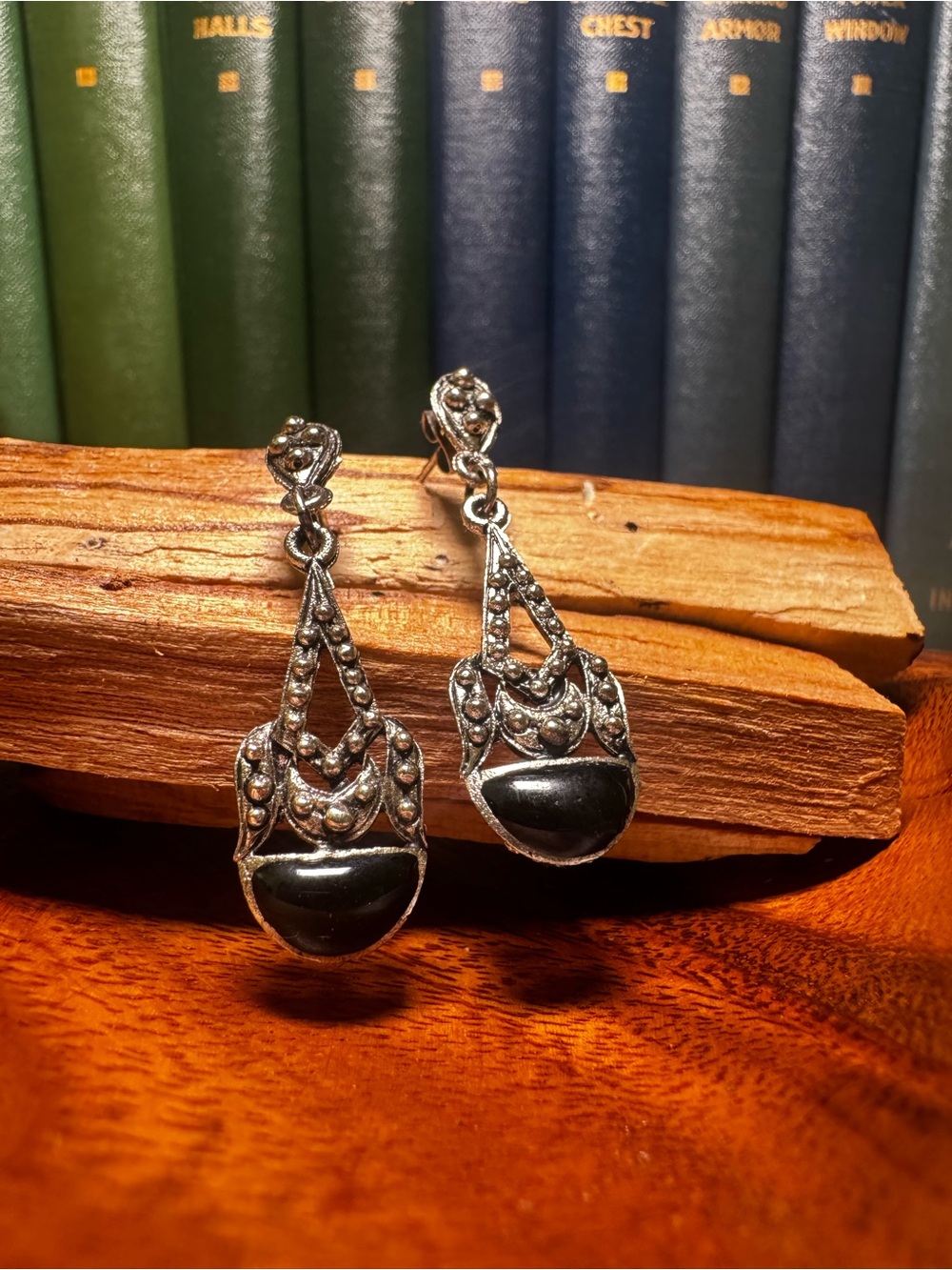 Vintage "Grunge Glam" Art Deco Style Milgrain & Black Onyx Dangle Earrings
